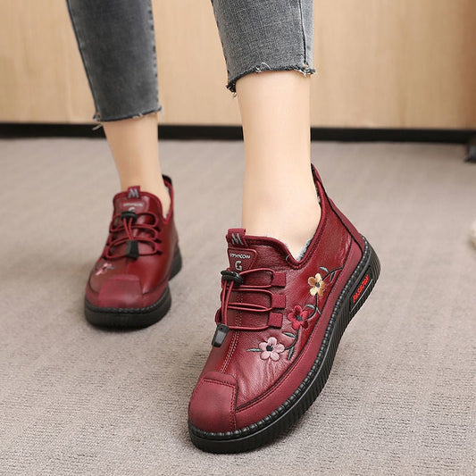 Leather Fur Moccasins Women Loafers for Elderly Females Soft Warm 🔥