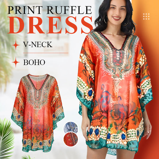 🏷️Off-Season Sale🔥V-Neck Boho Print Ruffle Dress👗