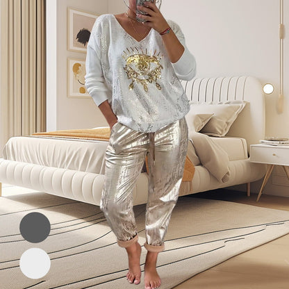 🌷LAST DAY SALE 50% OFF💝Devil's Eye Gold Foil Top and Sequin Pants Set💝BUY 2 GET FREE SHIPPING