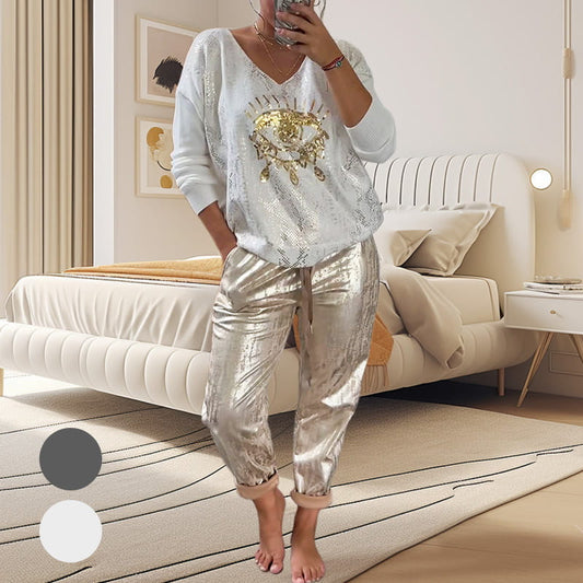 🌷LAST DAY SALE 50% OFF💝Devil's Eye Gold Foil Top and Sequin Pants Set💝BUY 2 GET FREE SHIPPING
