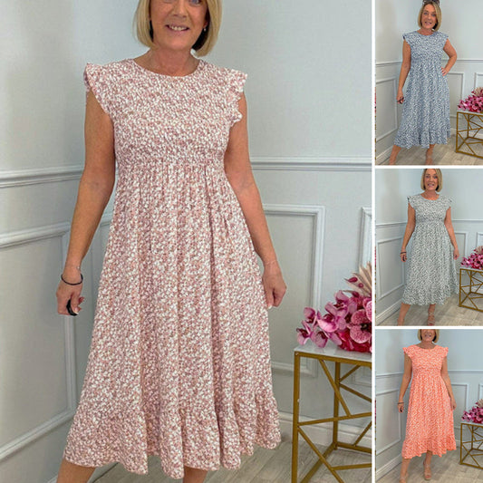 🔥🎁New arrival 50% OFF💥🌸Women's Elegant Floral Print High-Waisted Ruffle Cap Sleeve Dress💃