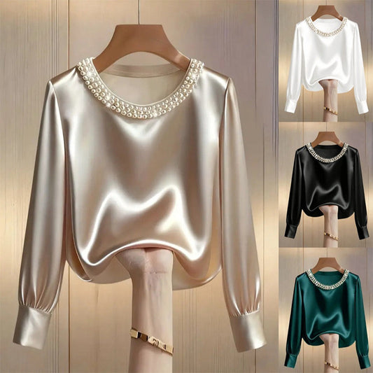 🔥New Arrivals🔥Women’s Elegant Synthetic Pearl Crew Neck Satin Top