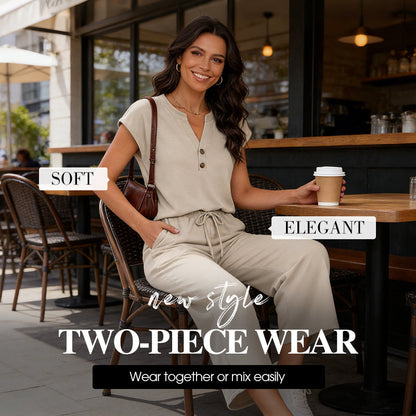 🔥🎁New arrival 50% OFF💥Short Sleeve Top and Wide Leg Pants Outfit