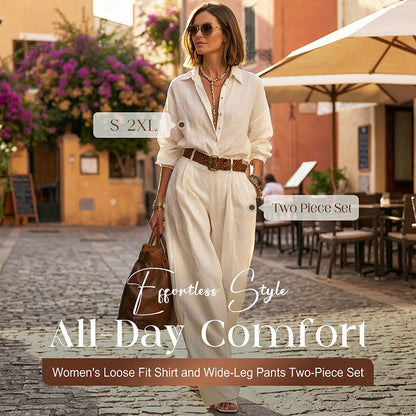 🔥🎁New arrival 50% OFF💥Women's Loose Fit Shirt & Wide-Leg Pants Two-Piece Set